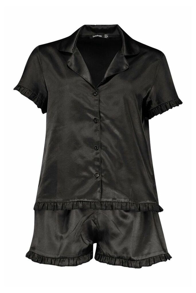 Womens Satin Ruffle Button Through PJ Short Set - black - 16, Black