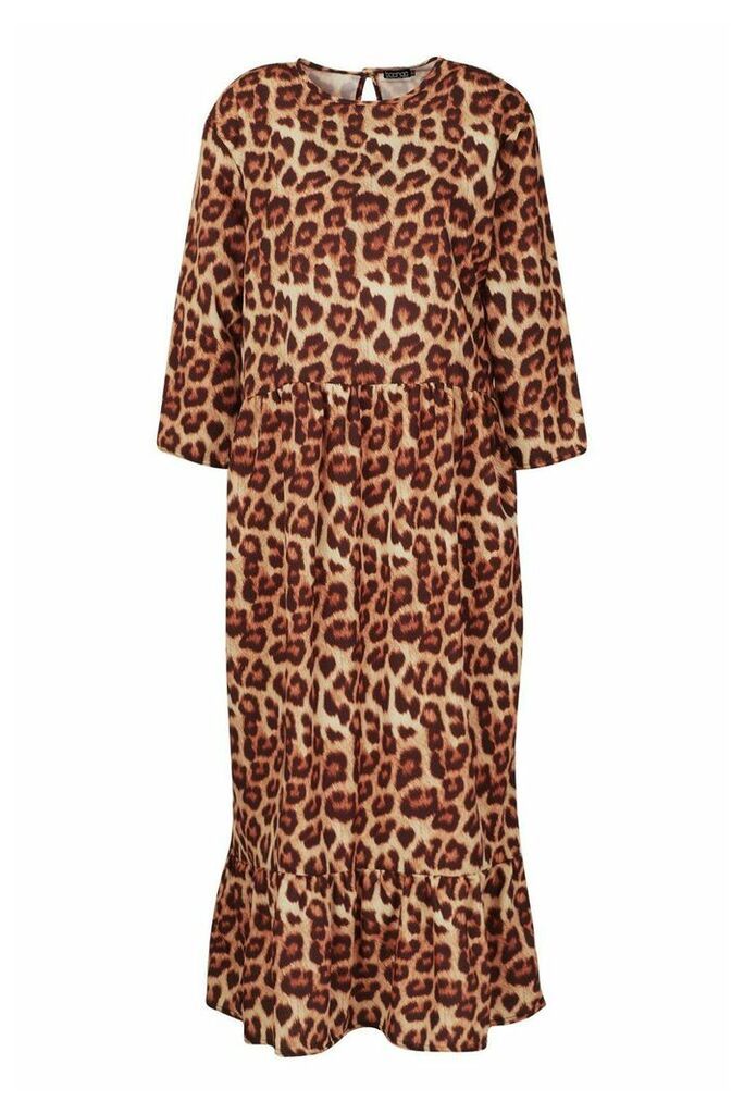 Womens Plus Leopard Ruffle Hem Midi Dress - brown - 26, Brown