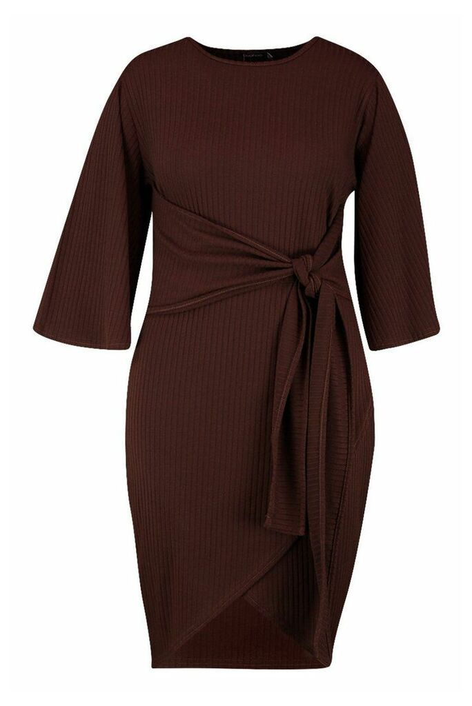 Womens Plus Jumbo Rib Kimono Sleeve Tie Waist Dress - Brown - 28, Brown