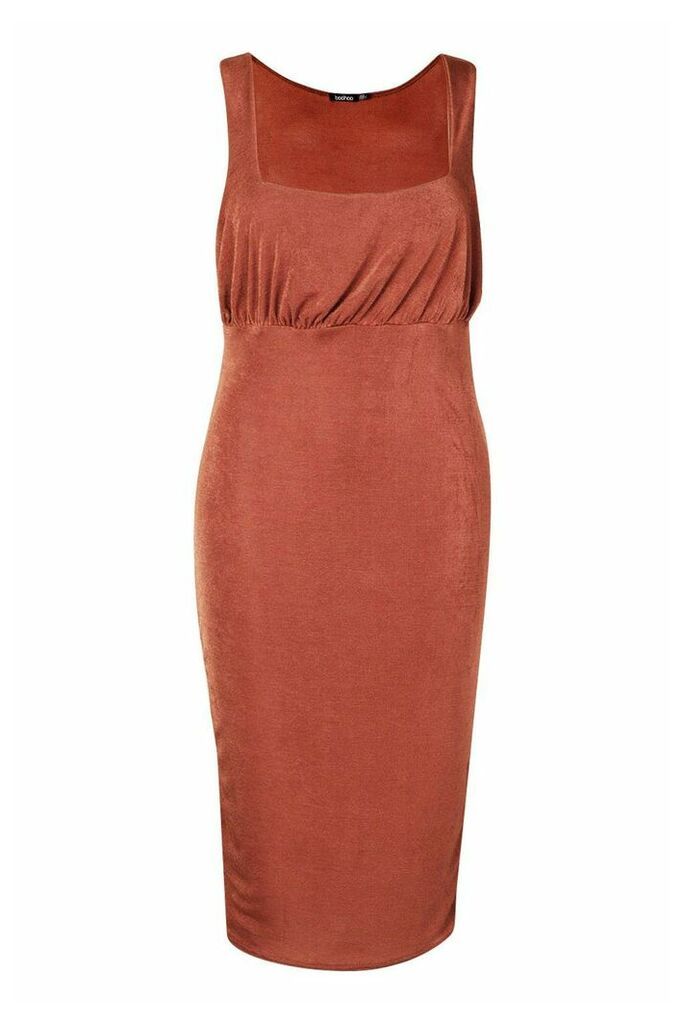 Womens Plus Ruched Bodice Textured Slinky Midi Dress - Brown - 26, Brown