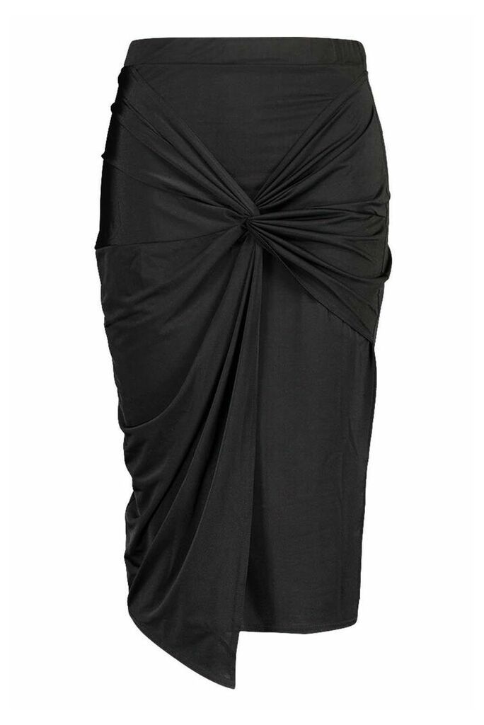 Womens Plus Disco Slinky Knot Front Detail Midi Skirt - black - 20, Black