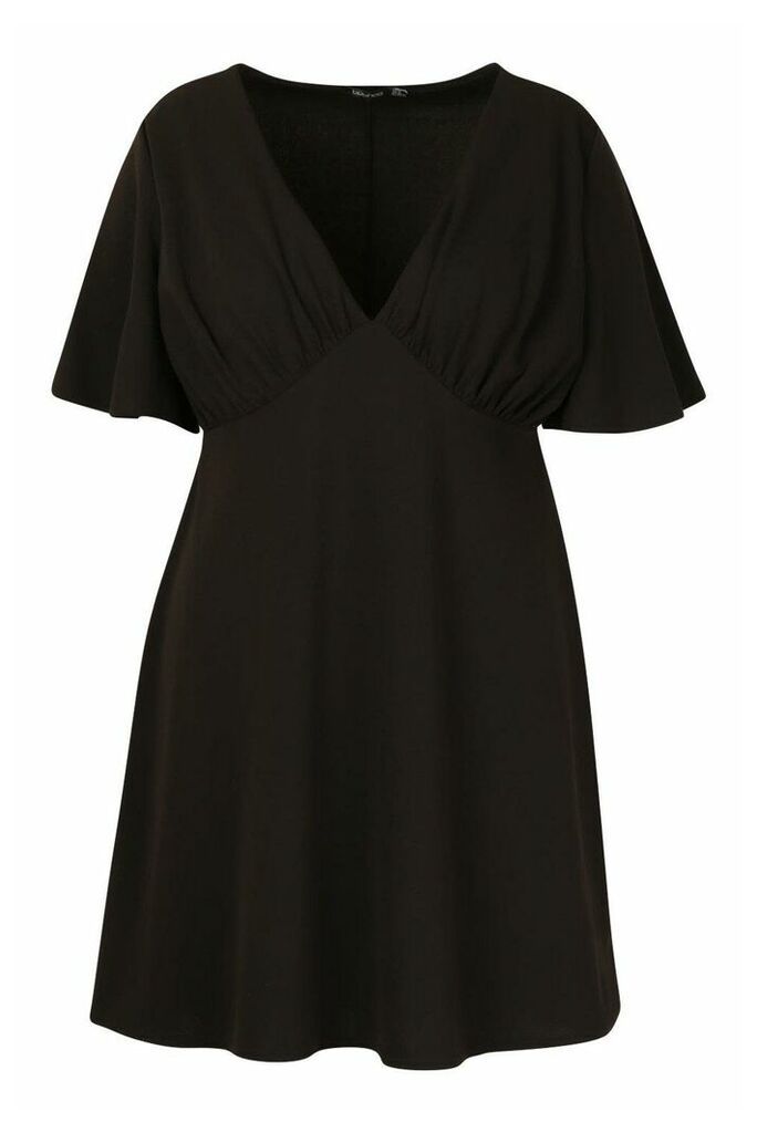 Womens Plus Angel Sleeve Ruched Detail Swing Dress - black - 28, Black