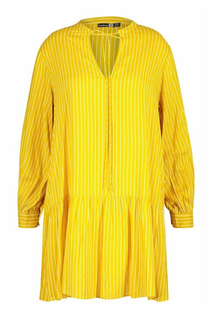 Womens Plus Stripe Tie Neck Tiered Smock Dress - yellow - 16, Yellow