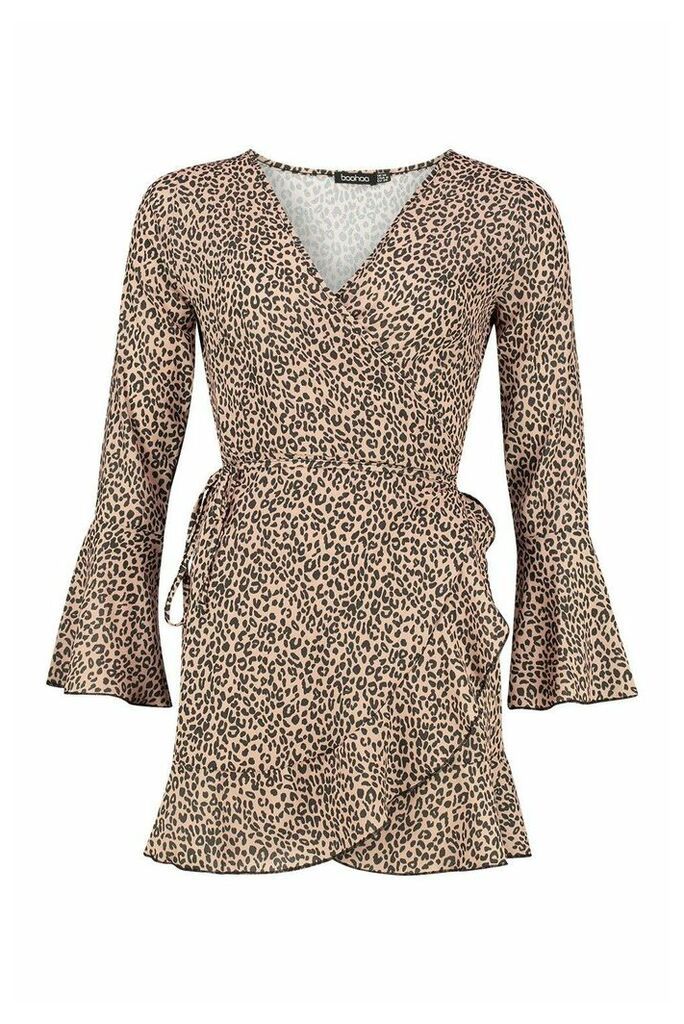 Womens Petite Leopard Print Wrap Skater Dress - Brown - 14, Brown