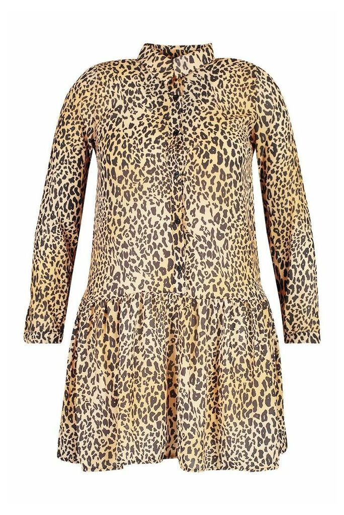 Womens Plus Leopard Print Woven Smock Dress - Brown - 22, Brown