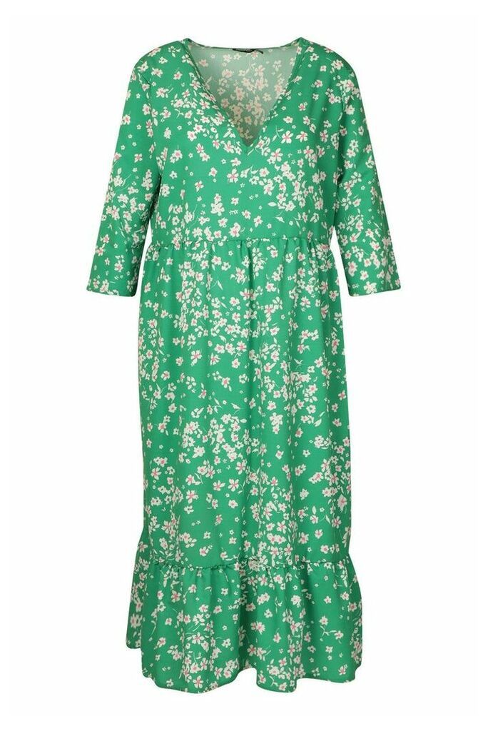Womens Plus Floral V-Neck Smock Midi Dress - green - 20, Green