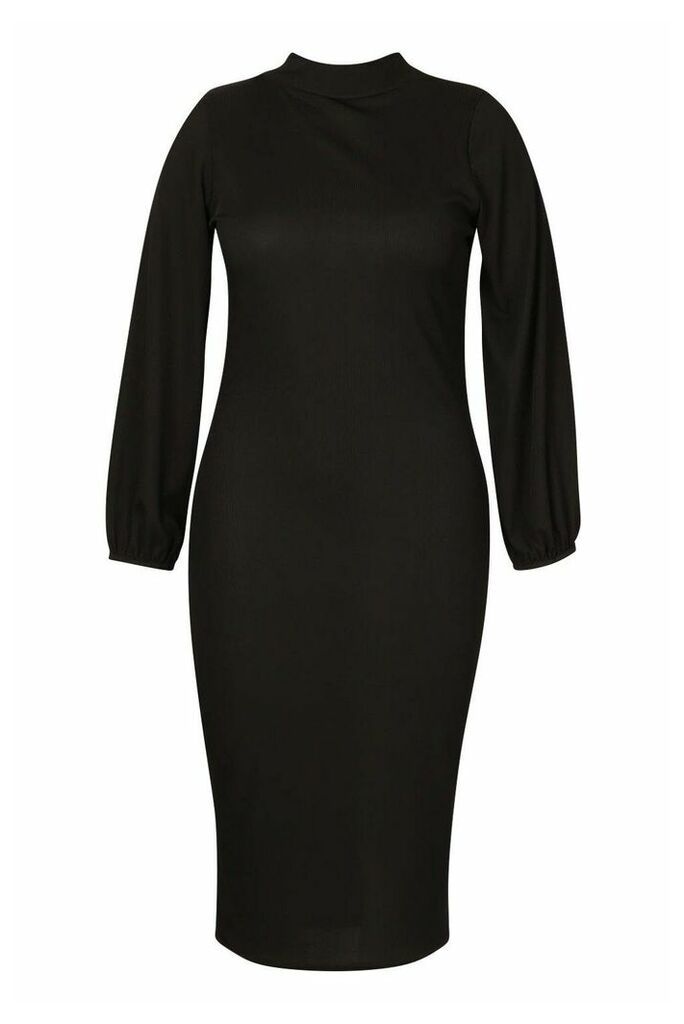 Womens Plus Rib High Neck Blouson Sleeve Midi Dress - black - 28, Black