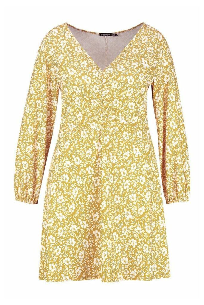 Womens Plus Floral Ruched Bust Skater Dress - yellow - 18, Yellow