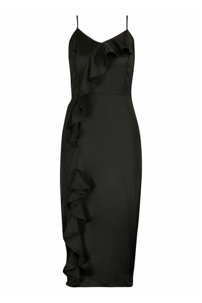Womens Petite Frill Detail Satin Cami Slip Dress - Black - 4, Black