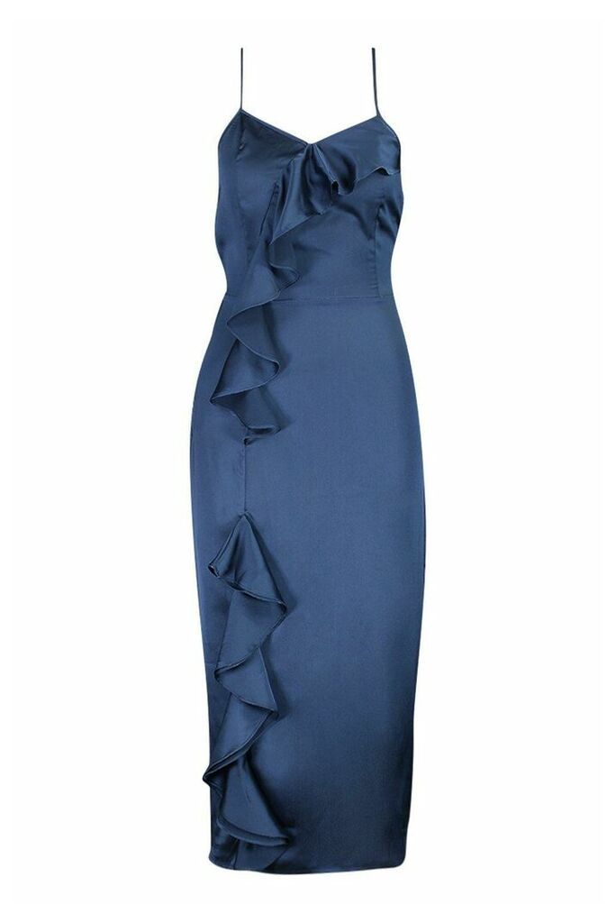 Womens Petite Frill Detail Satin Cami Slip Dress - blue - 10, Blue