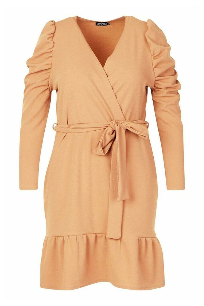 Womens Plus Ruffle Puff Sleeve Wrap Dress - beige - 16, Beige