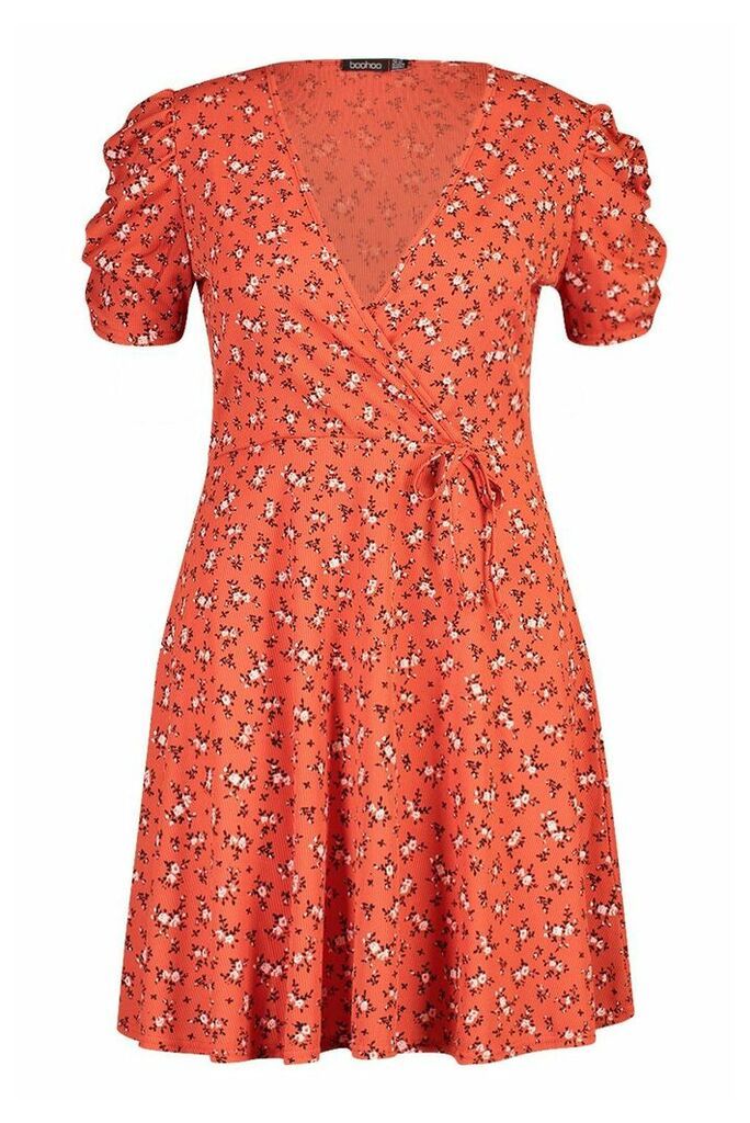 Womens Plus Ditsy Floral Wrap Skater Dress - orange - 26, Orange