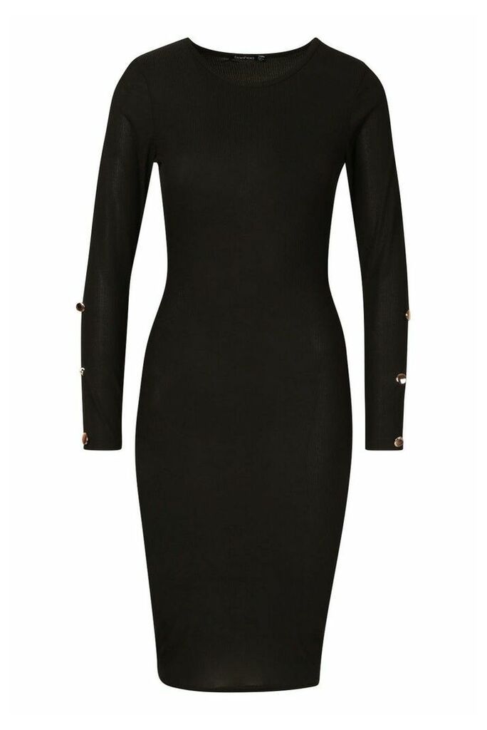 Womens Petite Crew Neck Button Detail Midi Dress - black - 8, Black