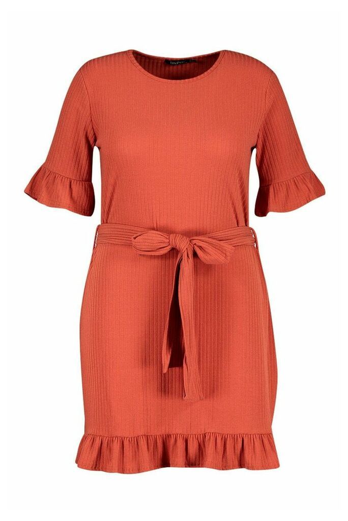 Womens Plus Soft Rib Ruffle Tie Waist Shift Dress - Orange - 26, Orange