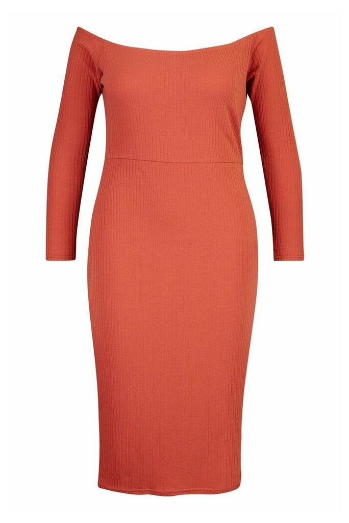 Womens Plus Soft Rib Bardot Long Sleeve Midi Dress - orange - 20, Orange