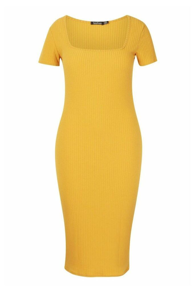 Womens Plus Soft Rib Cap Sleeve Midi Dress - yellow - 26, Yellow
