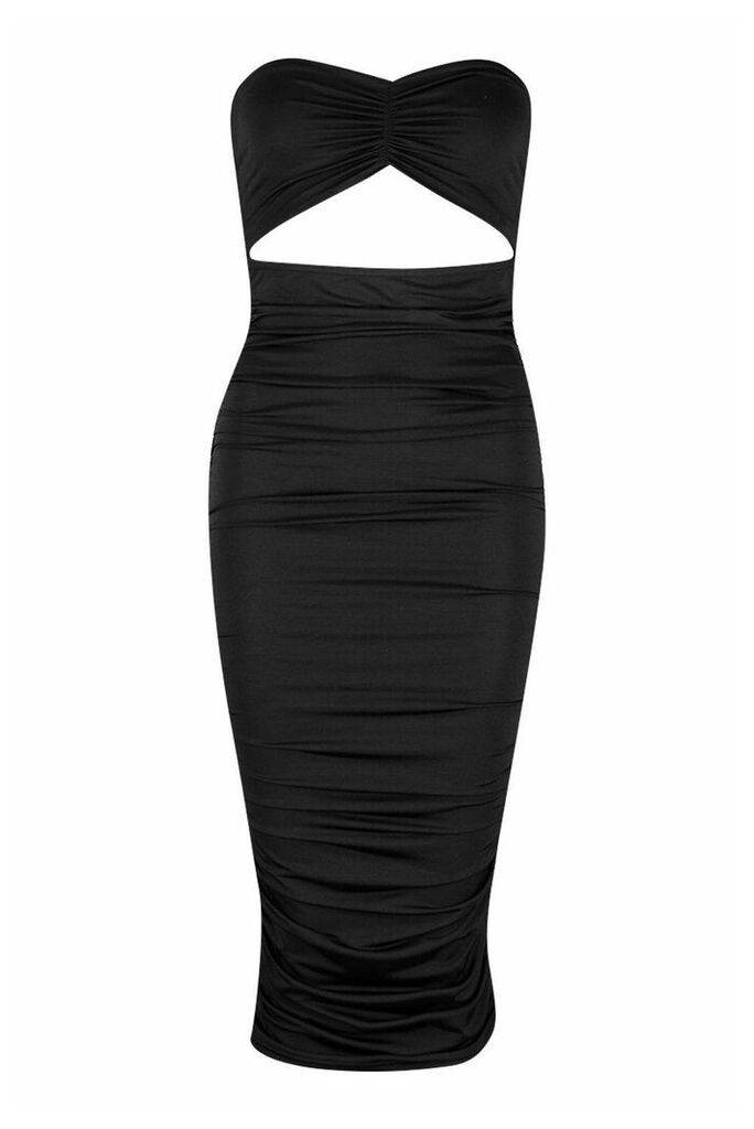 Womens Petite Cut Out Slinky Ruched Bandeau Midi Dress - black - 14, Black