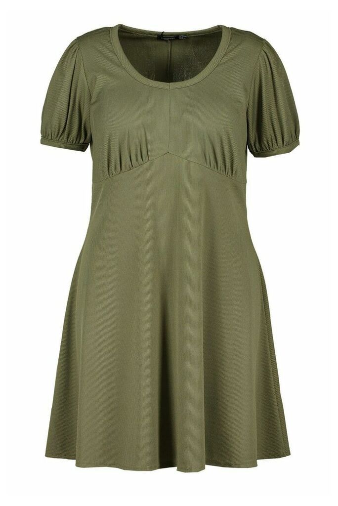 Womens Plus Ribbed Scoop Neck Puff Sleeve Swing Dress - green - 16, Green