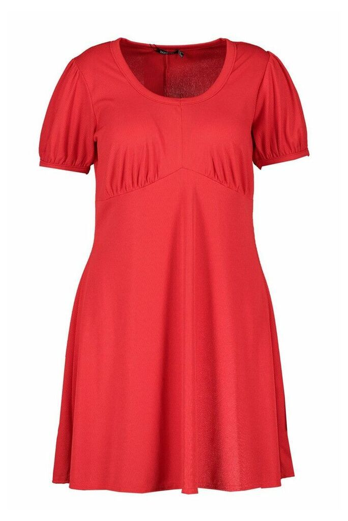 Womens Plus Ribbed Scoop Neck Puff Sleeve Swing Dress - red - 16, Red