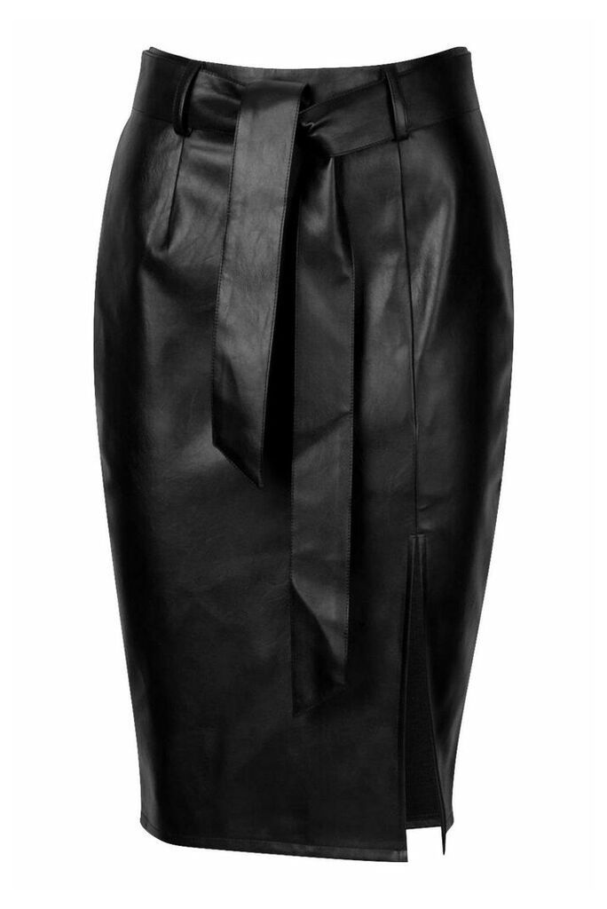 Womens Petite Split Tie PU Midi Skirt - black - 10, Black