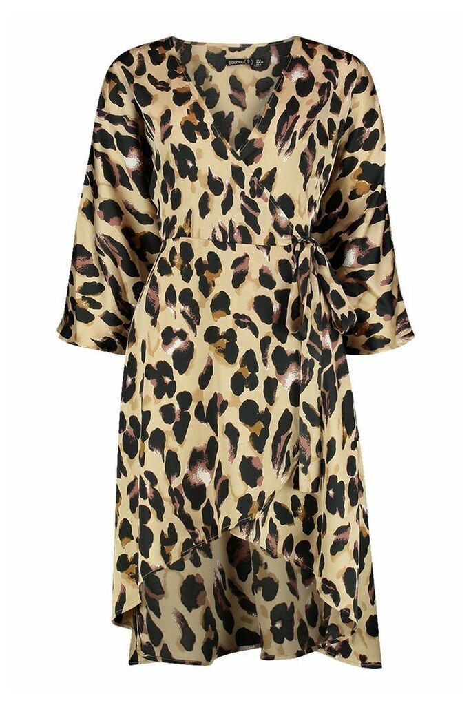 Womens Petite Leopard Print Kimono Sleeve Wrap Dress - brown - 8, Brown