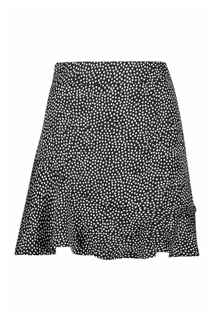 Womens Petite Ruffle Hem Satin Spot Mini Skirt - Black - 6, Black