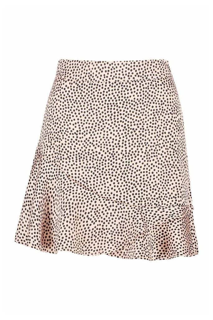 Womens Petite Ruffle Hem Satin Spot Mini Skirt - beige - 8, Beige