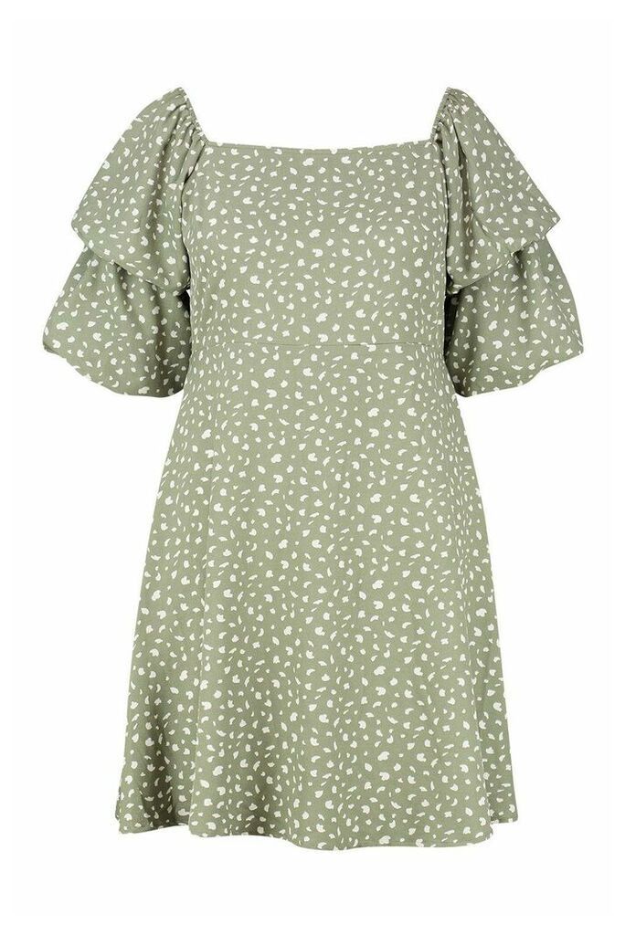 Womens Plus Spotty Ruched Puff Sleeve Skater Dress - green - 22, Green