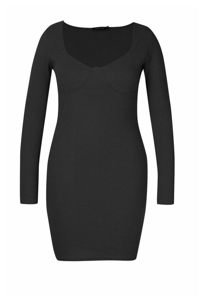 Womens Plus Ribbed Cupped Long Sleeve Bodycon Dress - black - 18, Black