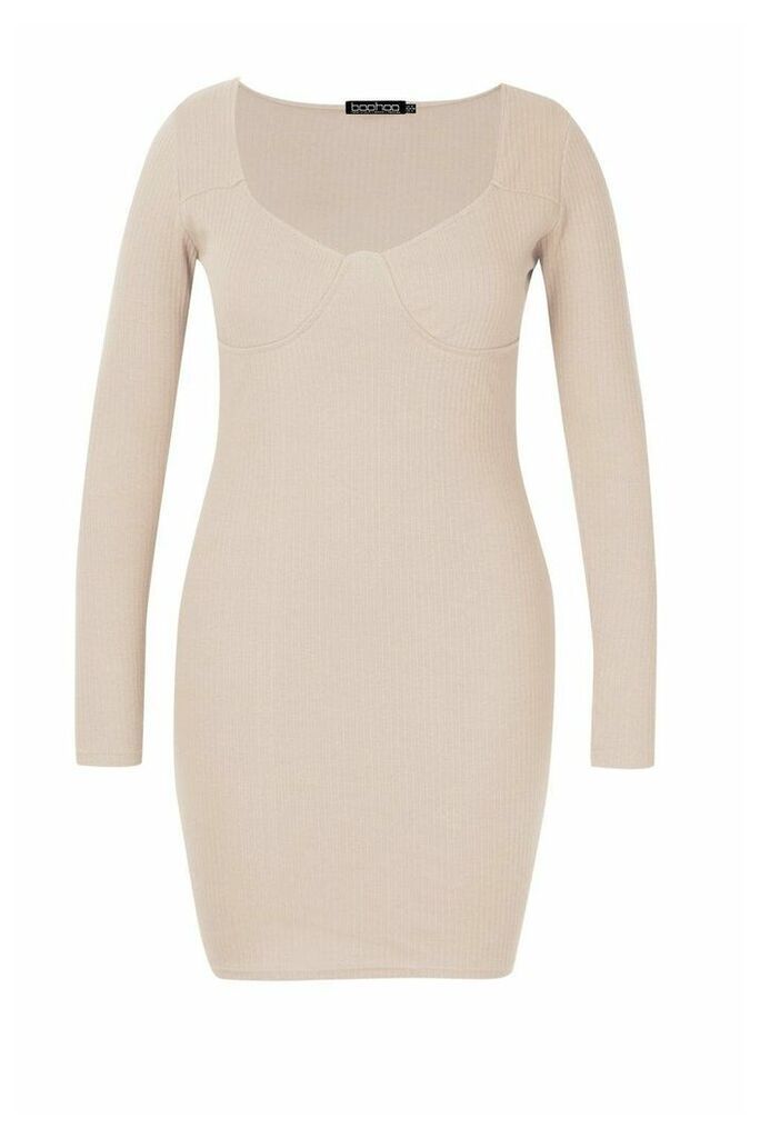 Womens Plus Ribbed Cupped Long Sleeve Bodycon Dress - beige - 26, Beige