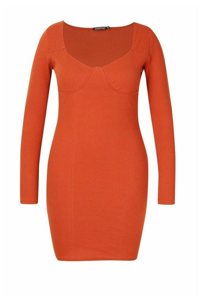 Womens Plus Ribbed Cupped Long Sleeve Bodycon Dress - orange - 22, Orange