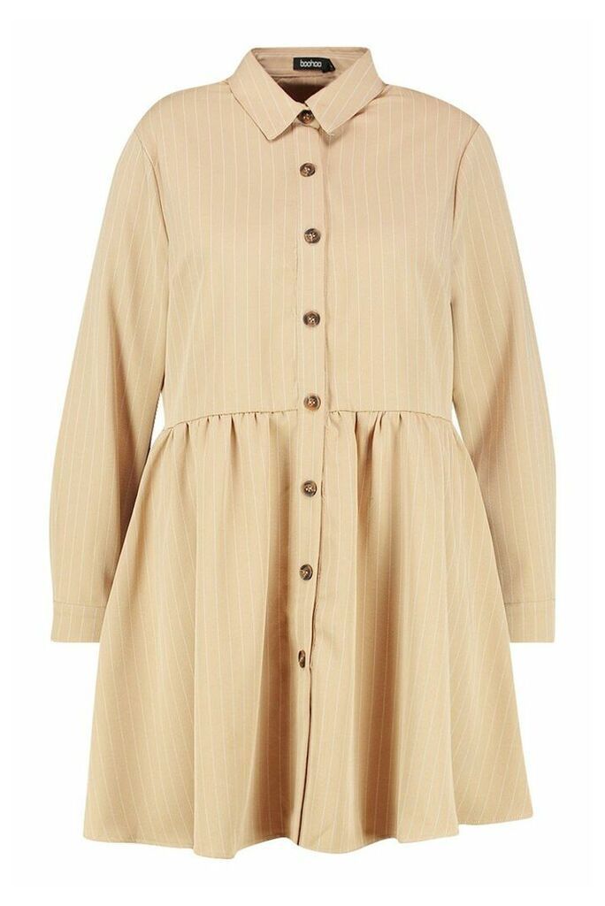 Womens Plus Stripe Button Detail Shirt Dress - beige - 18, Beige