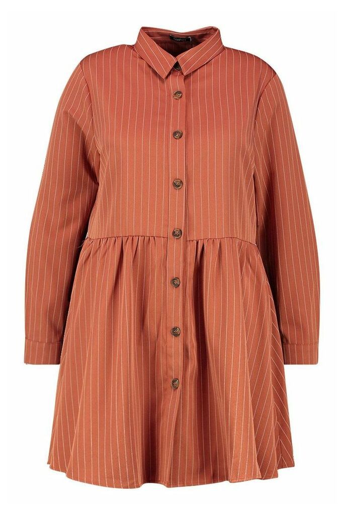 Womens Plus Stripe Button Detail Shirt Dress - orange - 16, Orange