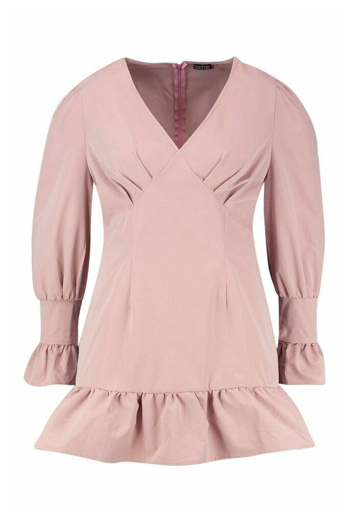 Womens Plus Ruffle Detail Plunge Smock Dress - Pink - 18, Pink