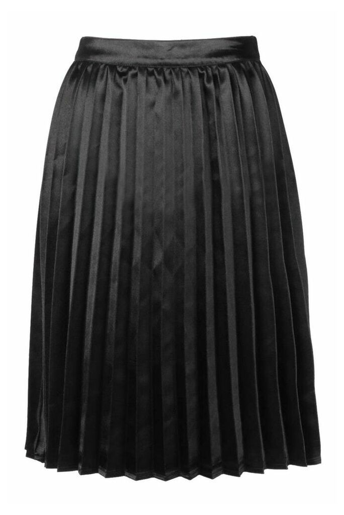 Womens Petite Satin Pleated Midi Skirt - black - 10, Black