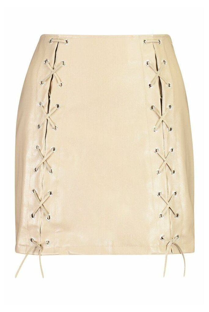 Womens Petite PU Lace Up Mini Skirt - beige - 4, Beige