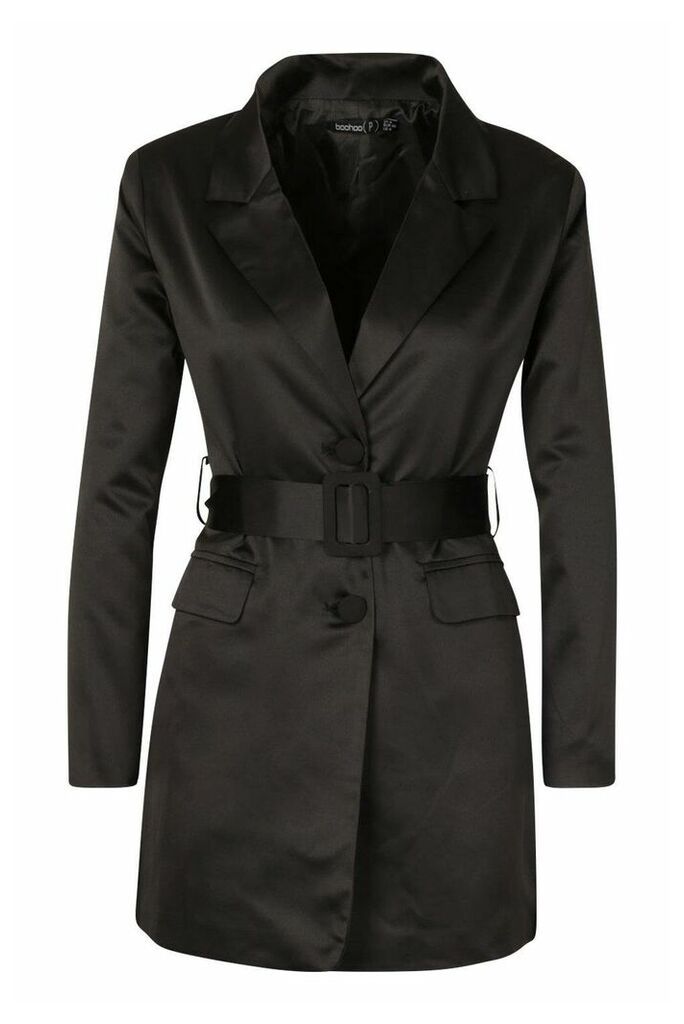 Womens Petite Satin Belted Blazer Dress - black - 14, Black
