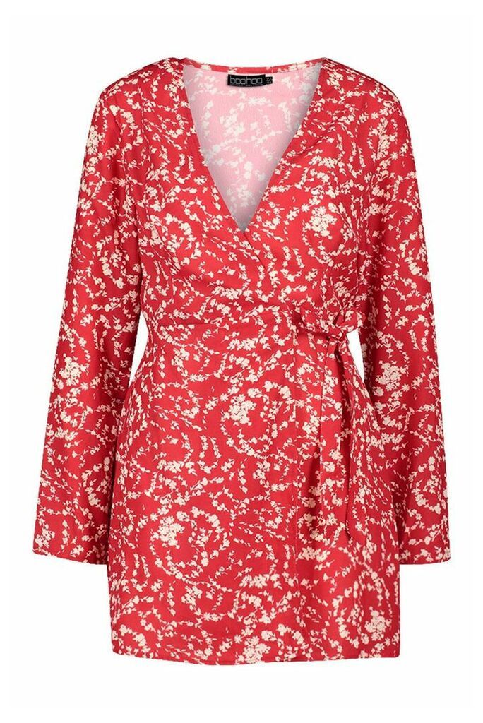 Womens Petite Long Sleeve Woven Floral Print Wrap Dress - red - 6, Red