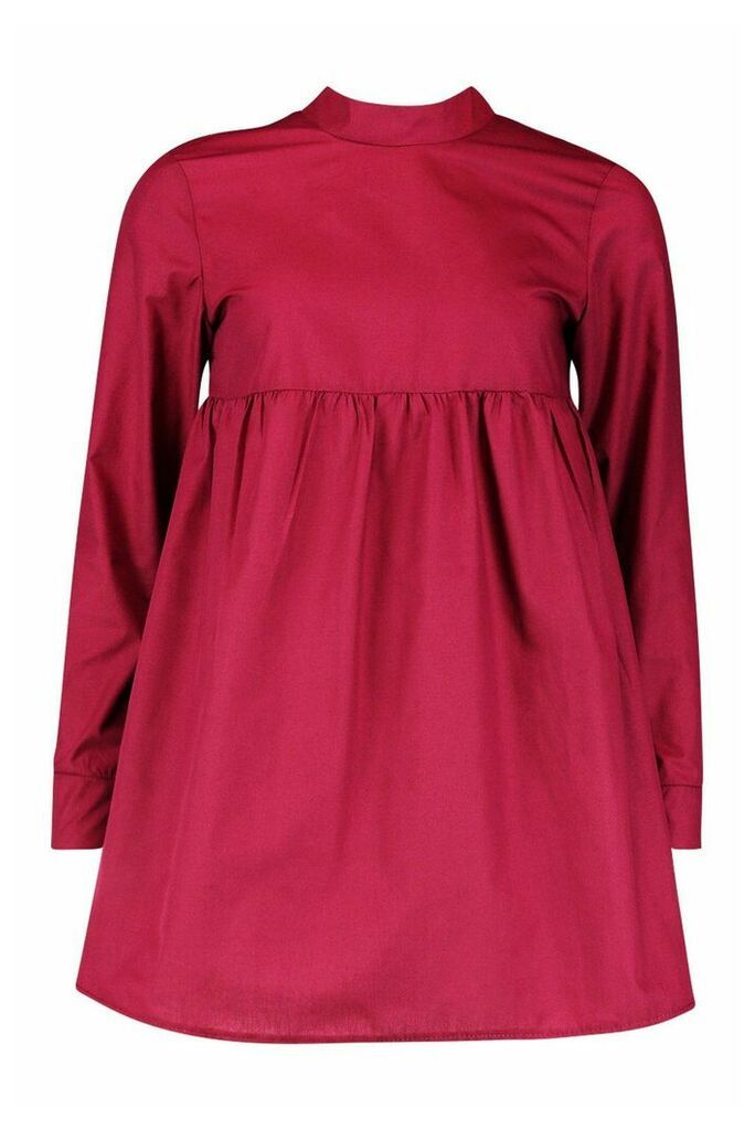 Womens Petite High Neck Long Sleeve Smock Dress - red - 14, Red
