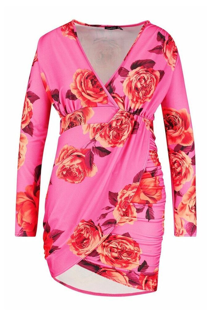 Womens Plus Floral Print Wrap Ruched Mini Dress - Pink - 26, Pink