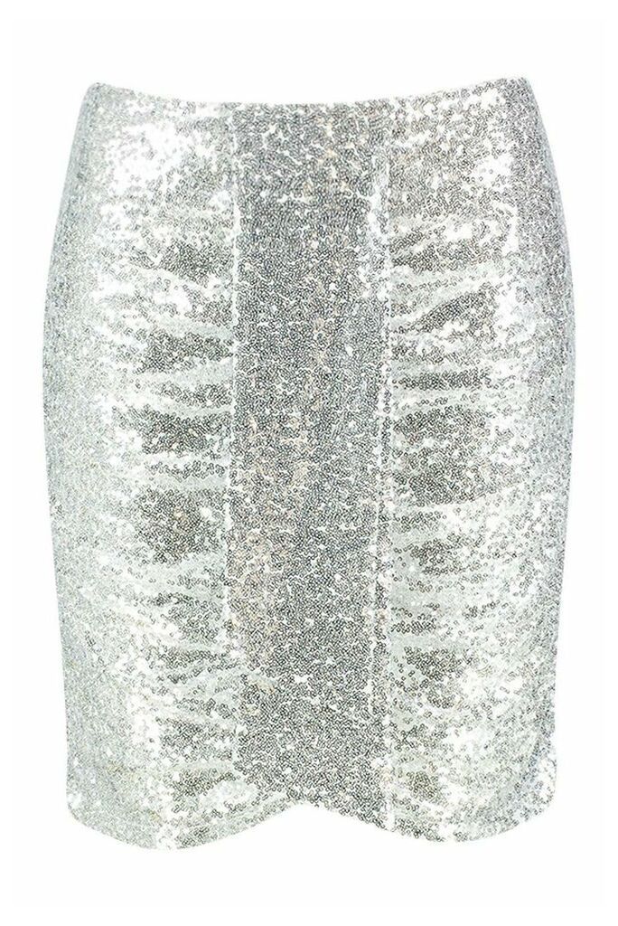 Womens Plus Ruched Sequin Mini Skirt - grey - 20, Grey