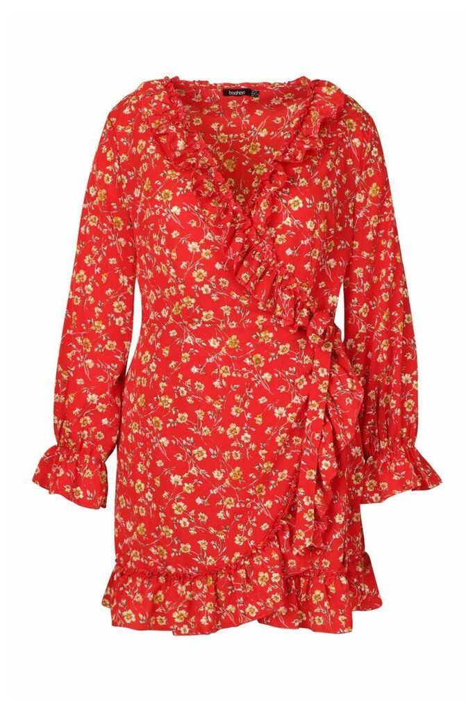 Womens Plus Floral Print Ruffle Wrap Dress - red - 20, Red