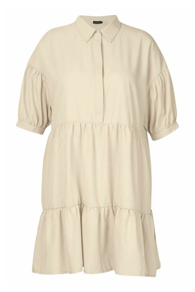 Womens Plus Puff Sleeve Smock Shirt Dress - beige - 20, Beige