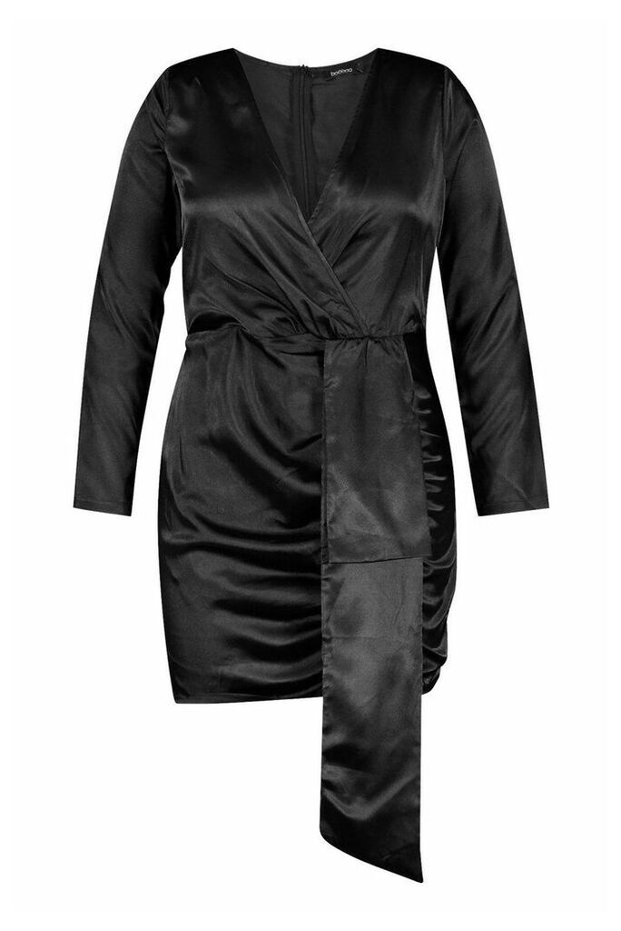 Womens Plus Satin Plunge Ruched Wrap Dress - black - 22, Black