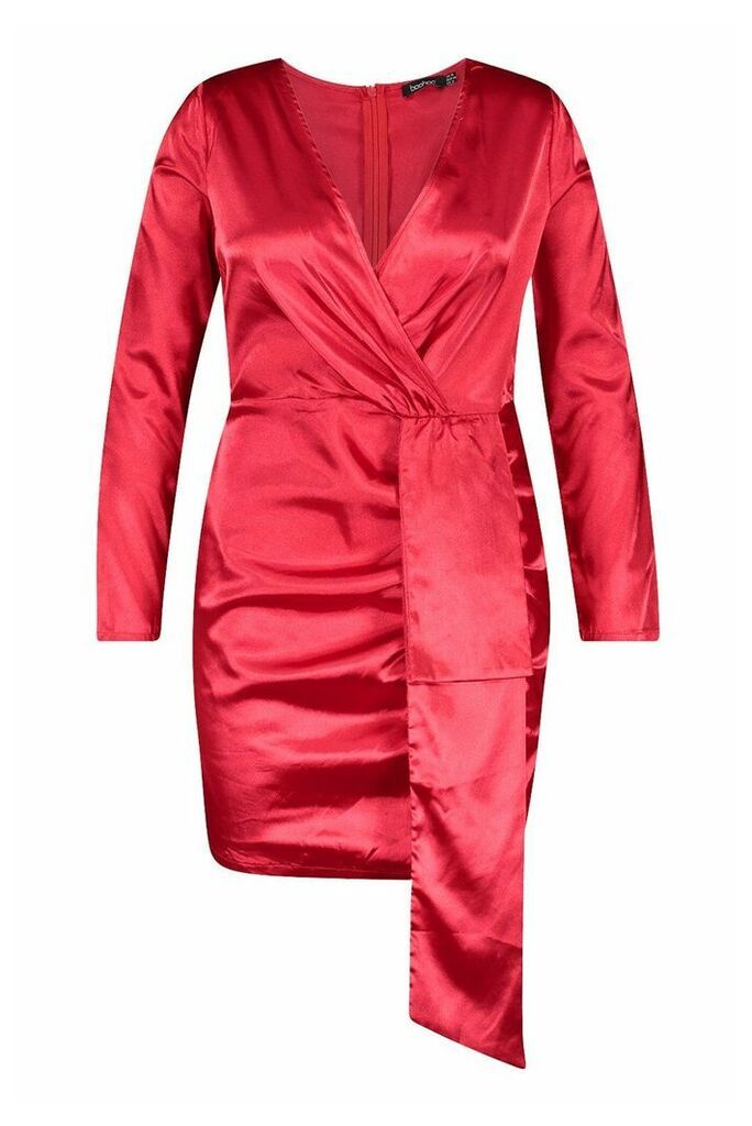 Womens Plus Satin Plunge Ruched Wrap Dress - red - 16, Red