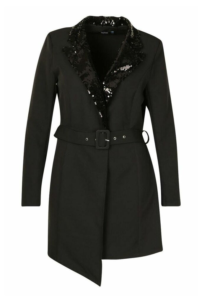 Womens Plus Self Belt Sequin Collar Blazer Dress - black - 20, Black