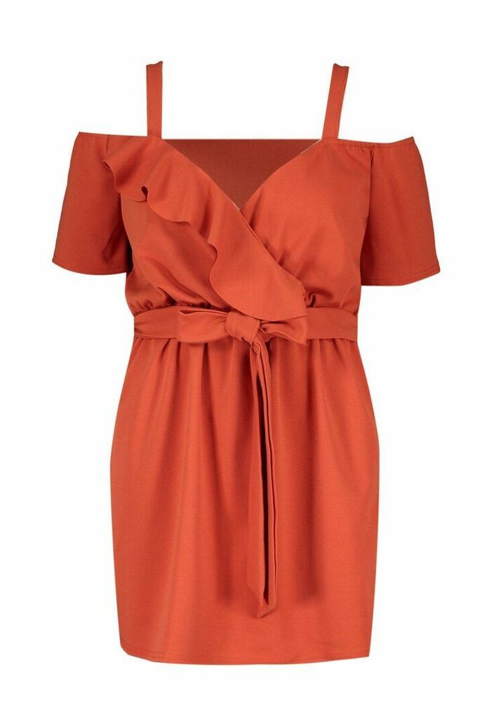 Womens Plus Plunge Ruffle Belted Mini Dress - Orange - 28, Orange