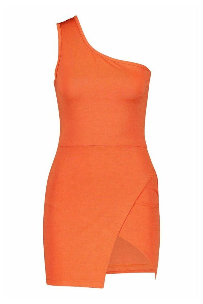Womens Petite Slinky One Shoulder Split Mini Dress - orange - 10, Orange