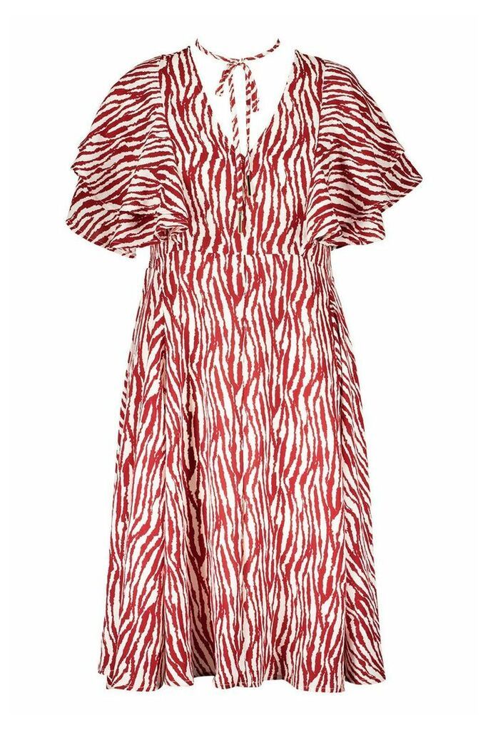 Womens Plus Zebra Print Bolo Tie Angel Sleeve Midi Dress - red - 16, Red