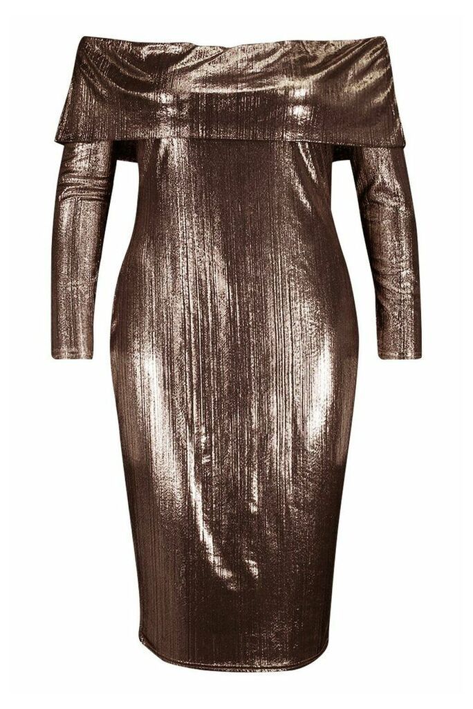 Womens Plus Metallic Off The Shoulder Midi dress - brown - 16, Brown